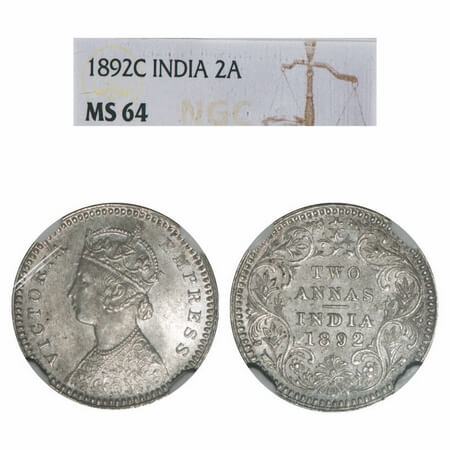 Victoria Empress, Silver, 2 Annas, 1892, Calcutta Mint, B/II, 'C' incused. F. Prid 507. GK