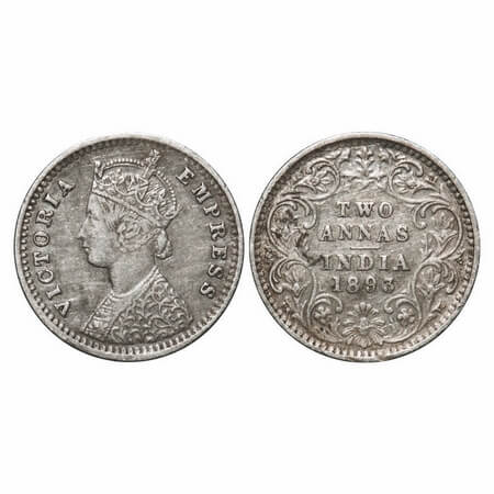 Victoria Empress, Silver, 2 Annas, 1893, Bombay Mint, B/II, 'B' incused. F. Prid 548. GK 7