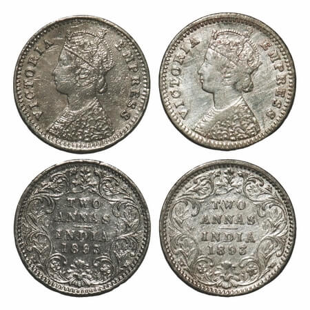 Victoria Empress, Silver, 2 Annas, (2 coins), 1893, Bombay Mint, B/II, 'B' incused. F. Pri