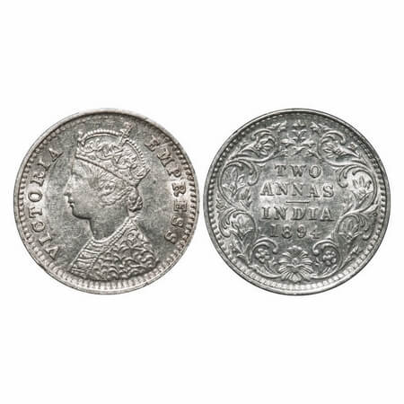 Victoria Empress, Silver, 2 Annas, 1894, Bombay Mint, B/II, 'B' incused. F. Prid 549. GK 8