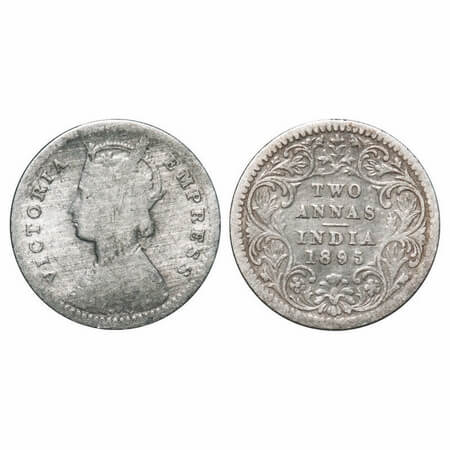 Victoria Empress, Silver, 2 Annas, 1895, Calcutta Mint, B/II, 'C' incused. F. Prid 510. GK