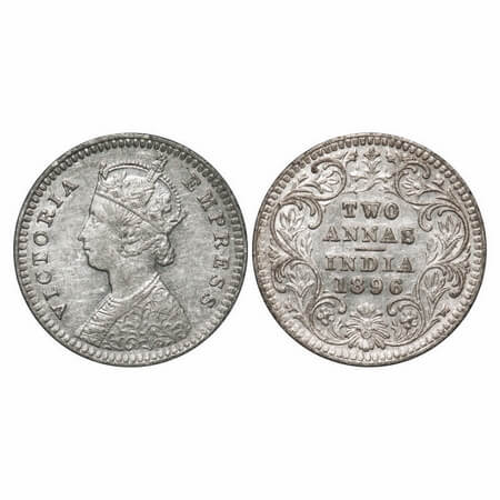 Victoria Empress, Silver, 2 Annas, 1896, Calcutta Mint, B/II, 'C' incused. F. Prid 511. GK