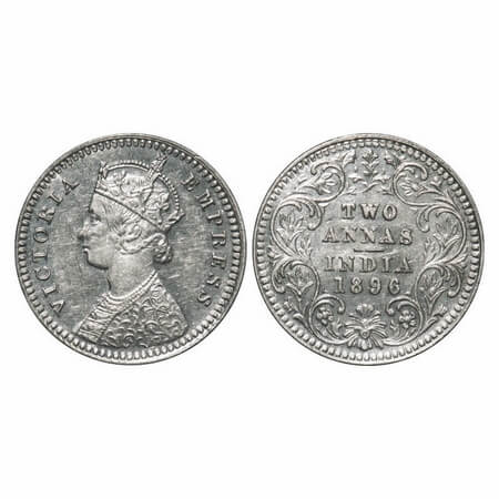 Victoria Empress, Silver, 2 Annas, 1896, Calcutta Mint, B/II, 'C' incused, Numeral 6 of ye