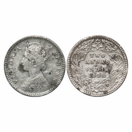Victoria Empress, Silver, 2 Annas, 1898, Calcutta Mint, B/II, 'C' incused. F. Prid 513. GK