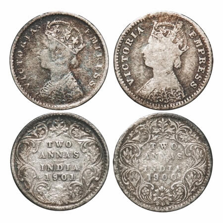 Victoria Empress, Silver, 2 Annas, (2 coins), 1) 1900, Bombay Mint, B/I, 'B' raised, 2) 19