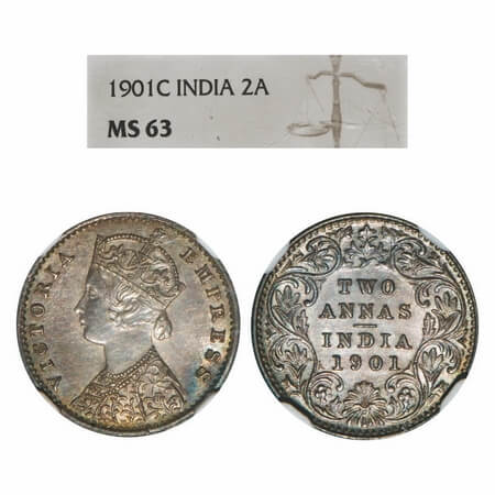 Victoria Empress, Silver, 2 Annas, 1901, Calcutta Mint, B/II, 'C' incused. F. Prid 515. GK