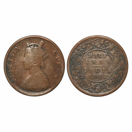 Victoria Queen, Copper, Half Anna, 1862, Calcutta Mint, B/II, Flat 1. F. Prid 581. GK 388.