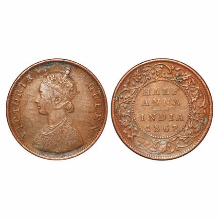 Victoria Queen, Copper, Half Anna, 1862, Madras Mint, A/I(i), Flowers with 5 dots around a