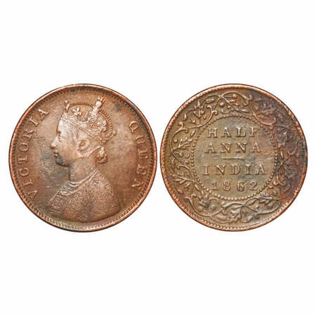 Victoria Queen, Copper, Half Anna, 1862, Bombay Mint, A/I(i), Flowers with 5 dots around a