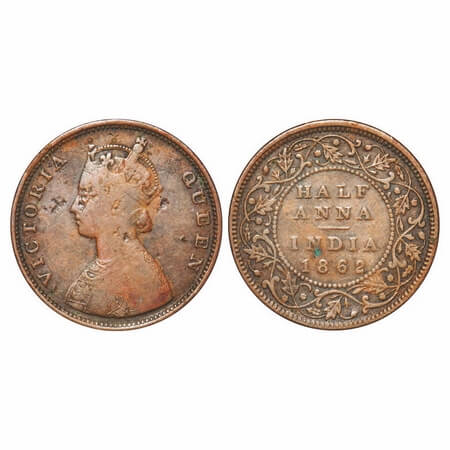 Victoria Queen, Copper, Half Anna, 1862, Bombay Mint, A/I(i), Flowers with 5 dots around a