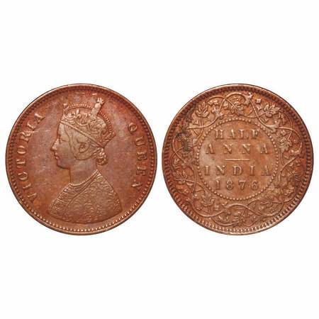 Victoria Queen, Copper, Half Anna, 1876, Calcutta Mint, B/II. F. Prid 584. GK 819. Almost 