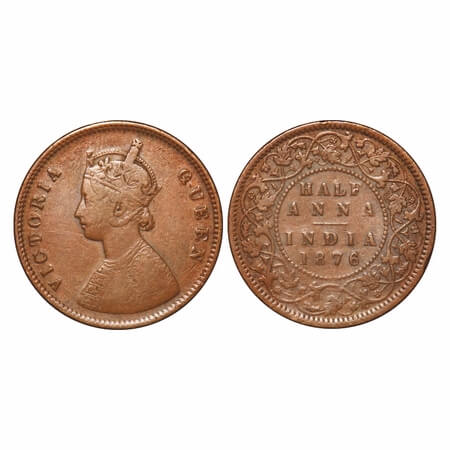 Victoria Queen, Copper, Half Anna, 1876, Calcutta Mint, B/II. F. Prid 584. GK 819. Vey Fin