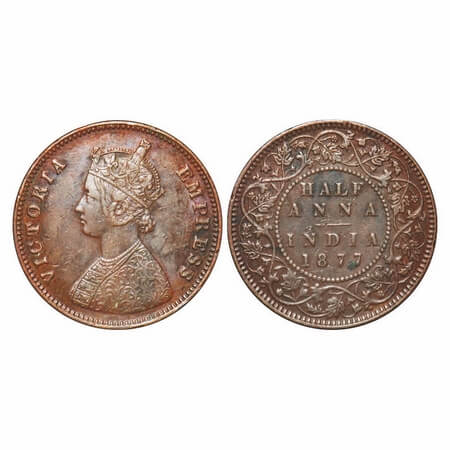 Victoria Empress, Copper, Half Anna, 1877, Bombay Mint, B/II. F. Prid 586. GK 820. Extreme
