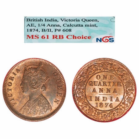 Victoria Queen, Copper, Quarter Anna, 1874, Calcutta Mint, B/II, No mint mark. F. Prid 608