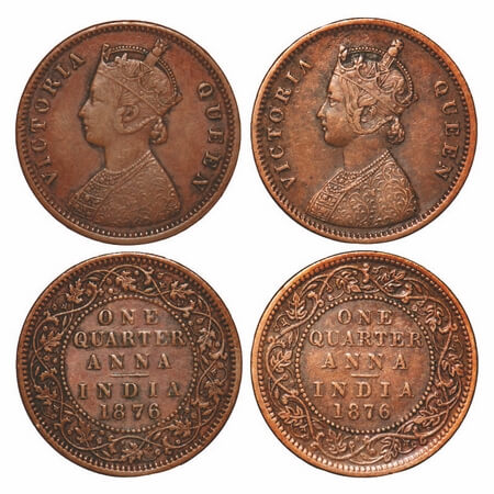 Victoria Queen, Copper, Quarter Anna, (2 coins), 1876, 1) Bombay Mint, A/I, No mint mark, 
