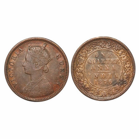 Victoria Queen, Copper, Quarter Anna, 1876, Calcutta Mint, B/II, No mint mark. F. Prid 610