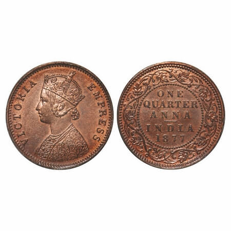 Victoria Empress, Copper, Quarter Anna, 1877, Bombay Mint, B/I, No mint mark. F. Prid 637.
