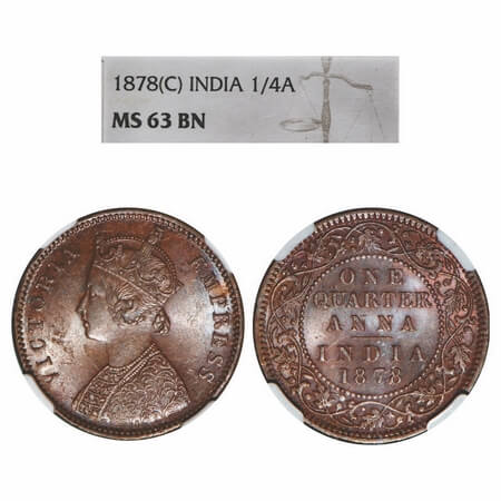Victoria Empress, Copper, Quarter Anna, 1878, Calcutta Mint, B/II, No mint mark. F. Prid 6