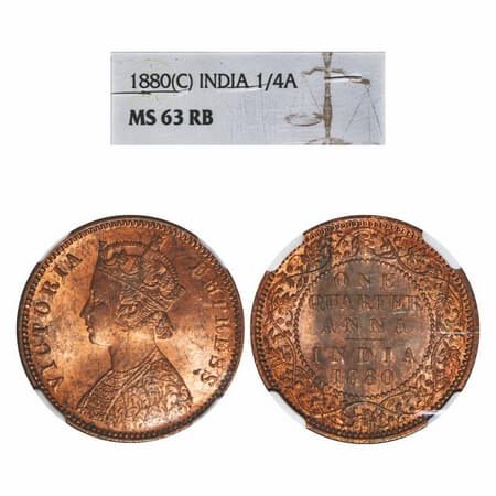 Victoria Empress, Copper, Quarter Anna, 1880, Calcutta Mint, B/II, 'C' incused. F. Prid 61