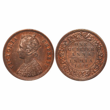 Victoria Empress, Copper, Quarter Anna, 1882, Bombay Mint, B/I, No mint mark. F. Prid 638.