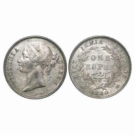 Victoria Queen, Silver, Rupee, 1840, DL, Calcutta Mint, W.W. raised, Wreath with 28 Berrie