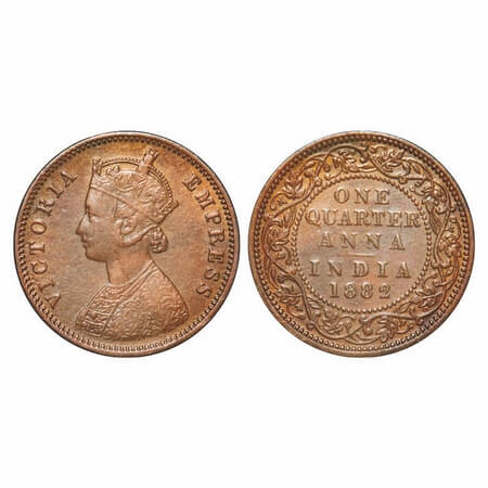 Victoria Empress, Copper, Quarter Anna, 1882, Bombay Mint, B/I, No mint mark. F. Prid 638.