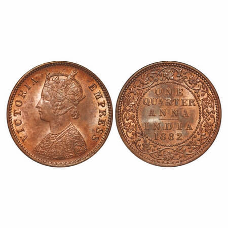 Victoria Empress, Copper, Quarter Anna, 1882, Calcutta Mint, B/II, 'C' incused. F. Prid 61