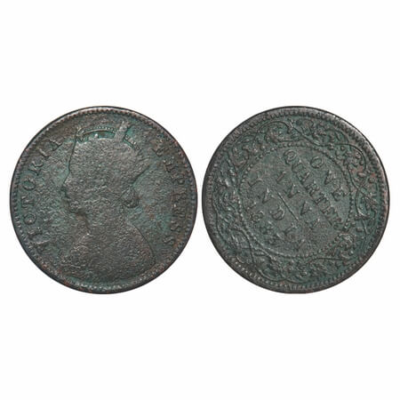 Victoria Empress, Copper, Quarter Anna, 1883, Calcutta Mint, B/II, 'C' incused, Almost 2'o