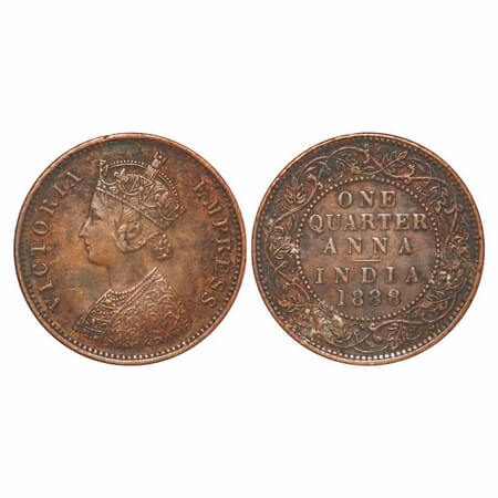 Victoria Empress, Copper, Quarter Anna, 1888, Bombay Mint, B/I, No mint mark. F. Prid 643.