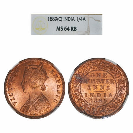 Victoria Empress, Copper, Quarter Anna, 1889, Calcutta Mint, B/II, No mint mark. F. Prid 6