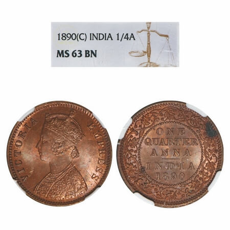 Victoria Empress, Copper, Quarter Anna, 1890, Calcutta Mint, B/II, No mint mark. F. Prid 6