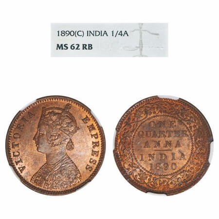 Victoria Empress, Copper, Quarter Anna, 1890, Calcutta Mint, B/II, No mint mark. F. Prid 6