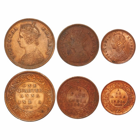 Victoria Empress, Copper, (3 coins), 1) Quarter Anna, 1894, Calcutta Mint, B/II, No mint m
