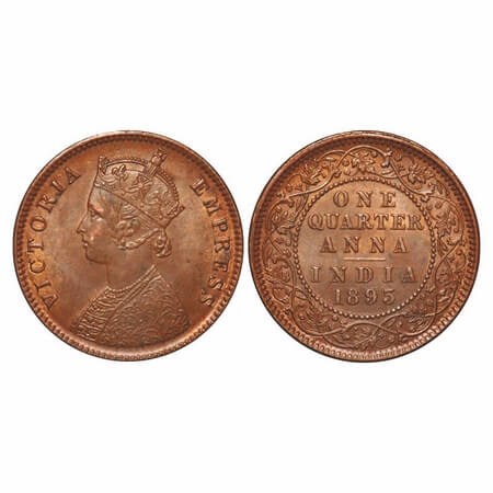 Victoria Empress, Copper, Quarter Anna, 1895, Calcutta Mint, B/II, No mint mark. F. Prid 6