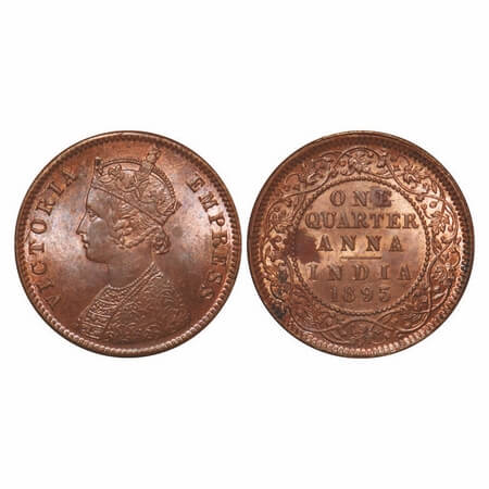 Victoria Empress, Copper, Quarter Anna, 1895, Calcutta Mint, B/II, No mint mark. F. Prid 6