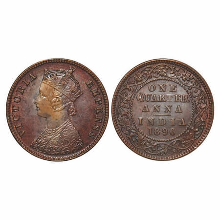 Victoria Empress, Copper, Quarter Anna, 1896, Calcutta Mint, B/II, No mint mark. F. Prid 6