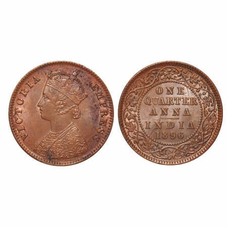 Victoria Empress, Copper, Quarter Anna, 1896, Calcutta Mint, B/II, No mint mark, Ghost on 