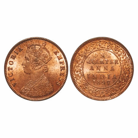 Victoria Empress, Copper, Quarter Anna, 1897, Calcutta Mint, B/II, No mint mark. F. Prid 6