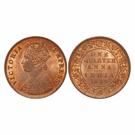 Victoria Empress, Copper, Quarter Anna, 1899, Calcutta Mint, B/II, No mint mark, Die crack