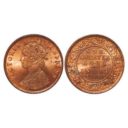 Victoria Empress, Copper, Quarter Anna, 1900, Calcutta Mint, B/II, No mint mark. F. Prid 6