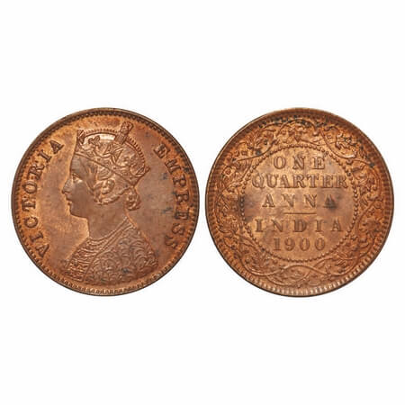Victoria Empress, Copper, Quarter Anna, 1900, Calcutta Mint, B/II, No mint mark, Die crack