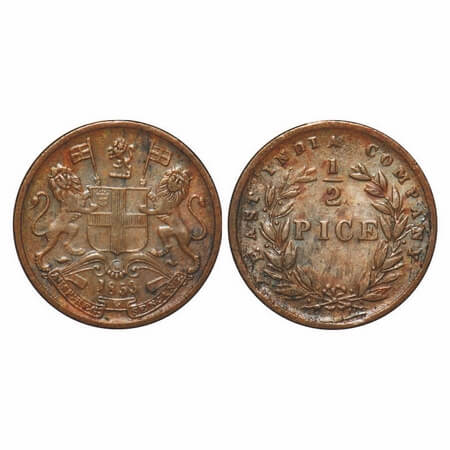 Victoria Queen, Copper, 1/2 Pice, 1853, Calcutta Mint, B/I, Elongated beads, Wreath with 1