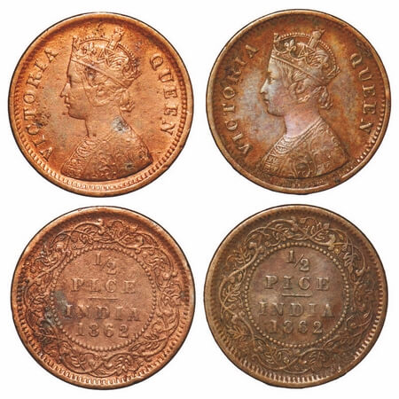 Victoria Queen, Copper, 1/2 Pice, (2 coins), 1862, Calcutta Mint, A/I. F. Prid 710. GK 401