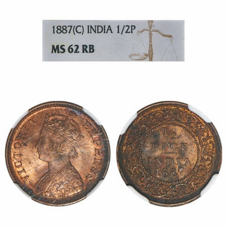 Victoria Empress, Copper, 1/2 Pice, 1887, Calcutta Mint, A/I, No mint mark. F. Prid 719. G