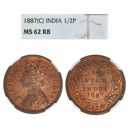 Victoria Empress, Copper, 1/2 Pice, 1887, Calcutta Mint, A/I, No mint mark. F. Prid 719. G