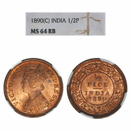 Victoria Empress, Copper, 1/2 Pice, 1890, Calcutta Mint, A/I, No mint mark. F. Prid 722. G