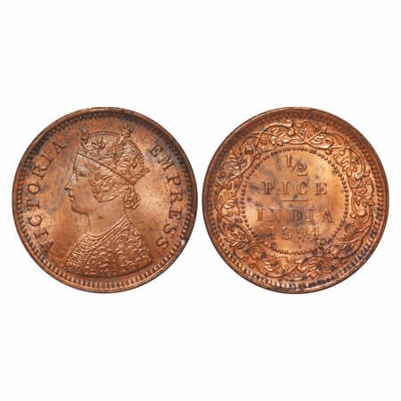 Victoria Empress, Copper, 1/2 Pice, 1894, Calcutta Mint, A/I, No mint mark. F. Prid 727. G