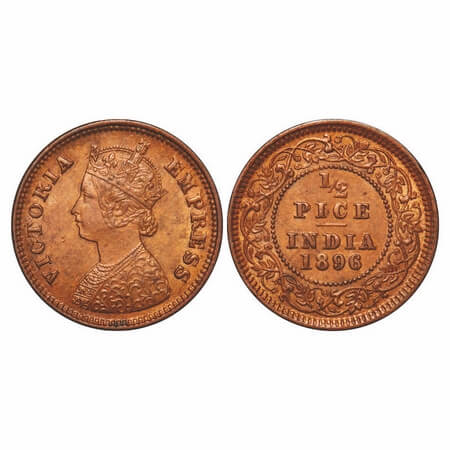 Victoria Empress, Copper, 1/2 Pice, 1896, Calcutta Mint, A/I, No mint mark. F. Prid 729. G