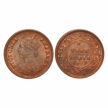 Victoria Empress, Copper, 1/2 Pice, 1897, Calcutta Mint, A/I, No mint mark, Die cracks on 