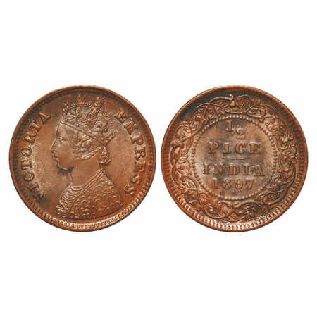 Victoria Empress, Copper, 1/2 Pice, 1897, Calcutta Mint, A/I, No mint mark, Die cracks on 